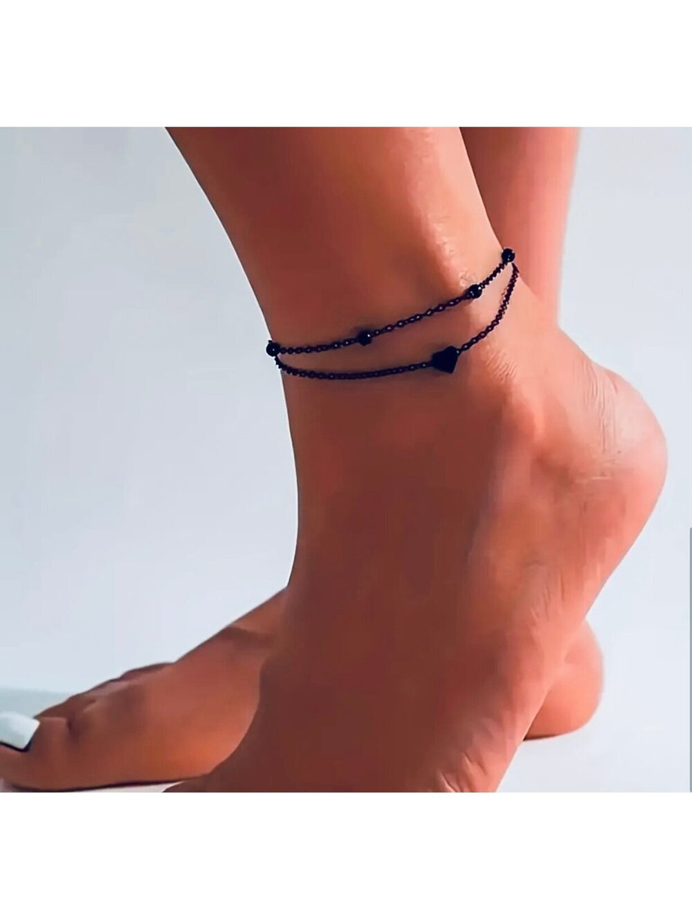 New - Vintage Style -Boho -2-Piece Black Heart and Bead Chain Anklet Set